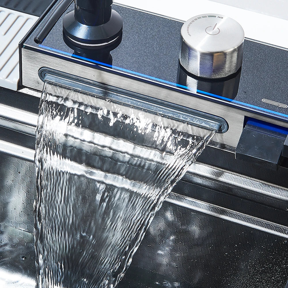 MYQualife 304 Stainless Steel Waterfall Kitchen Faucet Set SoapDispenser