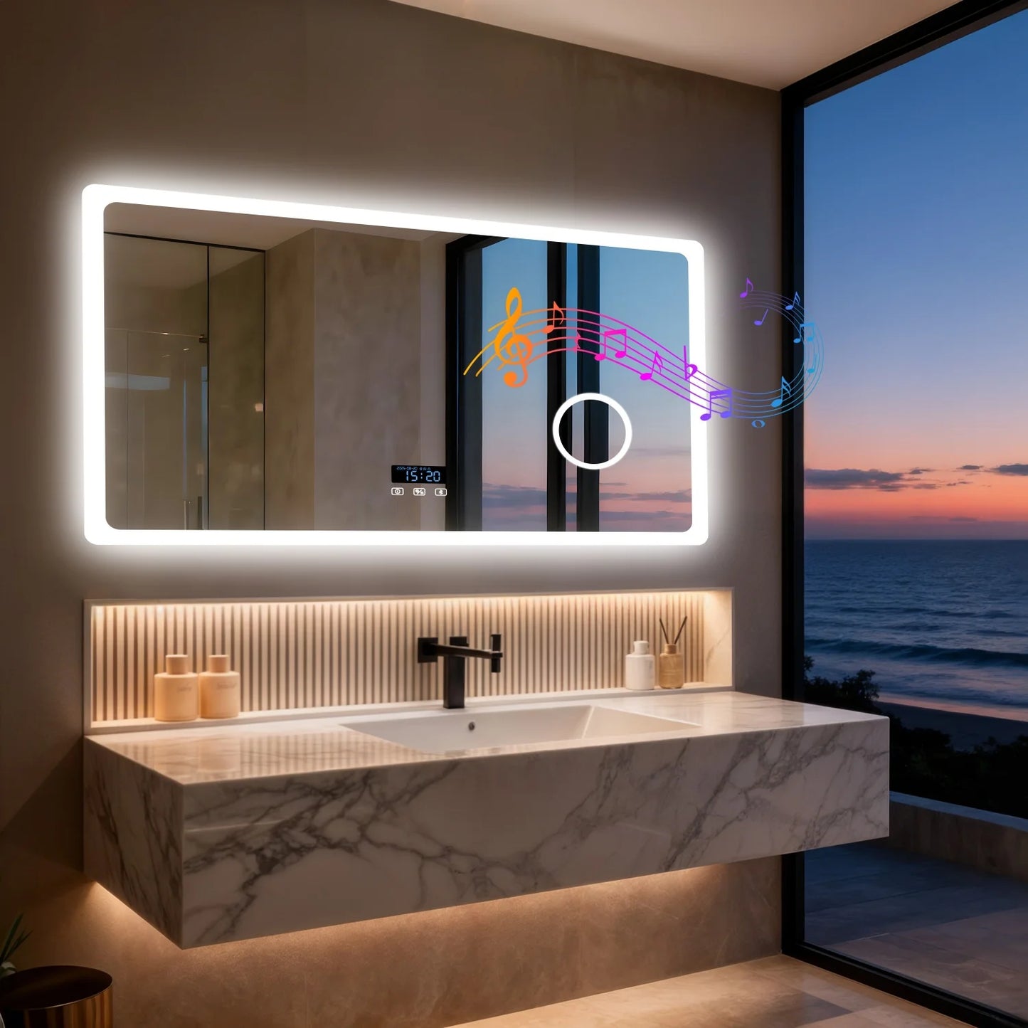 80/100/120/CM LED Bluetooth Bathroom Mirror Touch Antifog with 3X Magnifier Dimmable Date and Time Setting Vanity Mirror