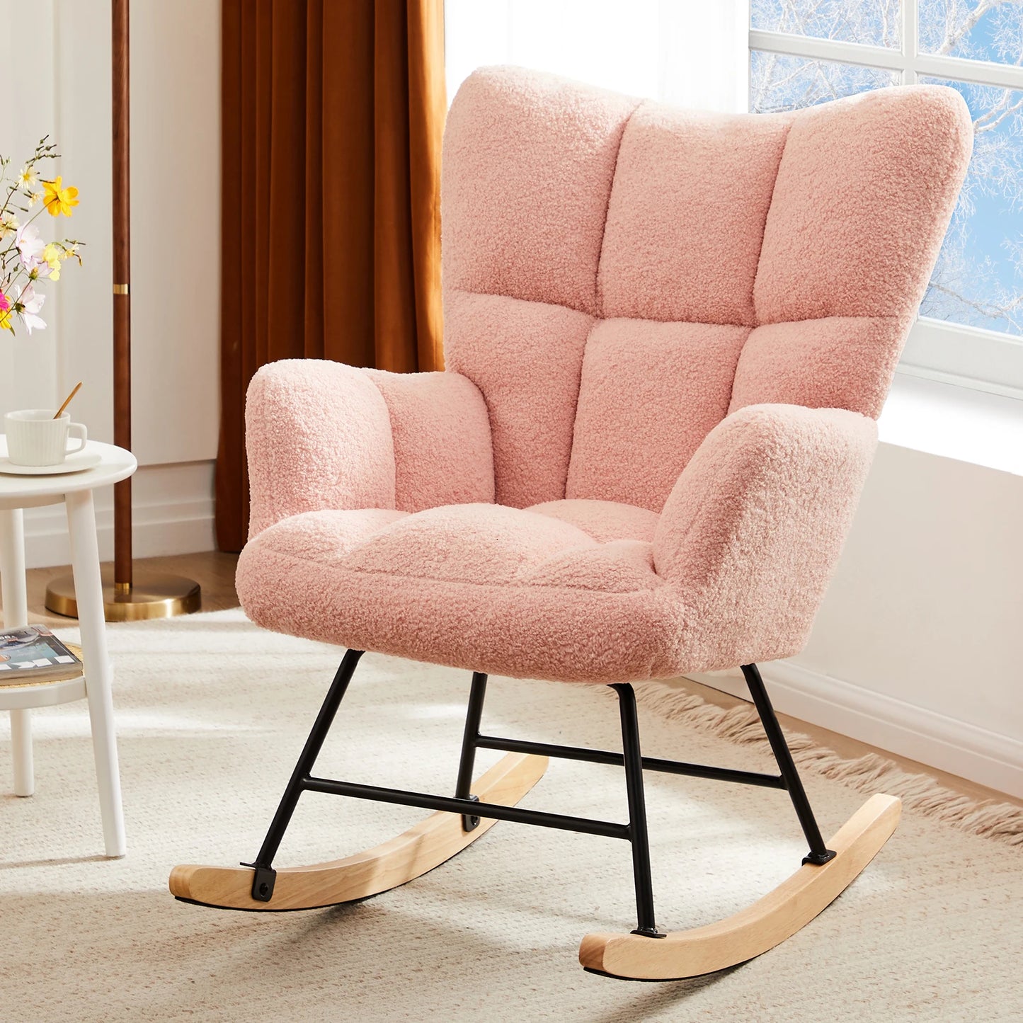 JHK Teddy Fabric Upholstered Glider Chair With High Back
