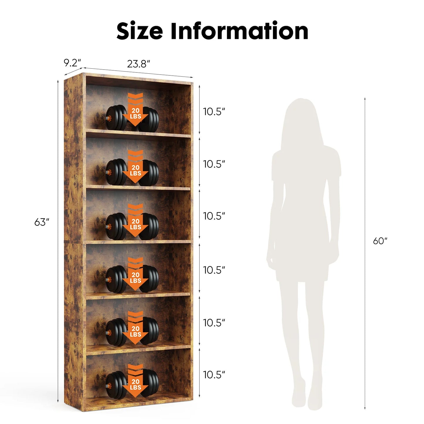 JHK 6 Tier Wooden Floor Standing Bookcase Open Bookshelf