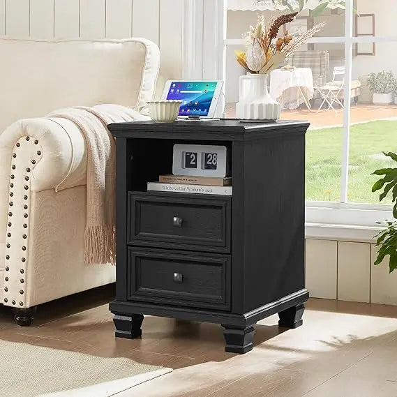 Farmhouse Nightstand with Charging Station, Rustic Nightstand,2 Drawers End Table for Living Room,Bedside Table with Open Shelf