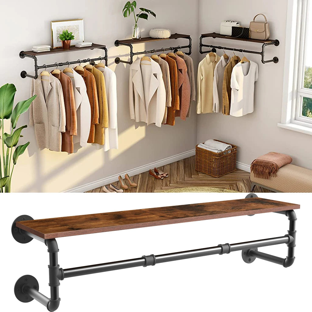 Industrial Pipe Clothing Rack Wall Mounted Wood Shelf