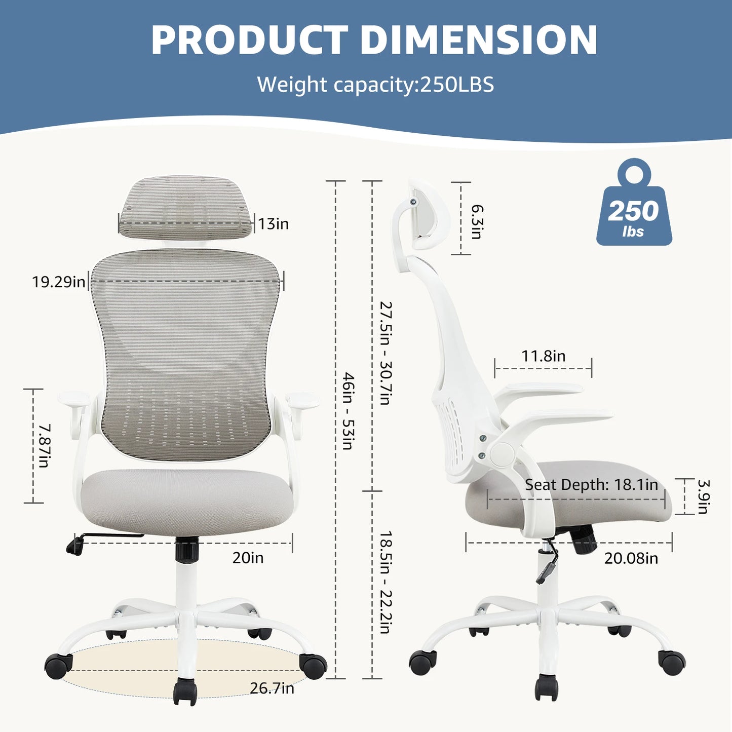 JHKErgonomics Mesh Ergonomic Office Chair With Adjustable Headrests