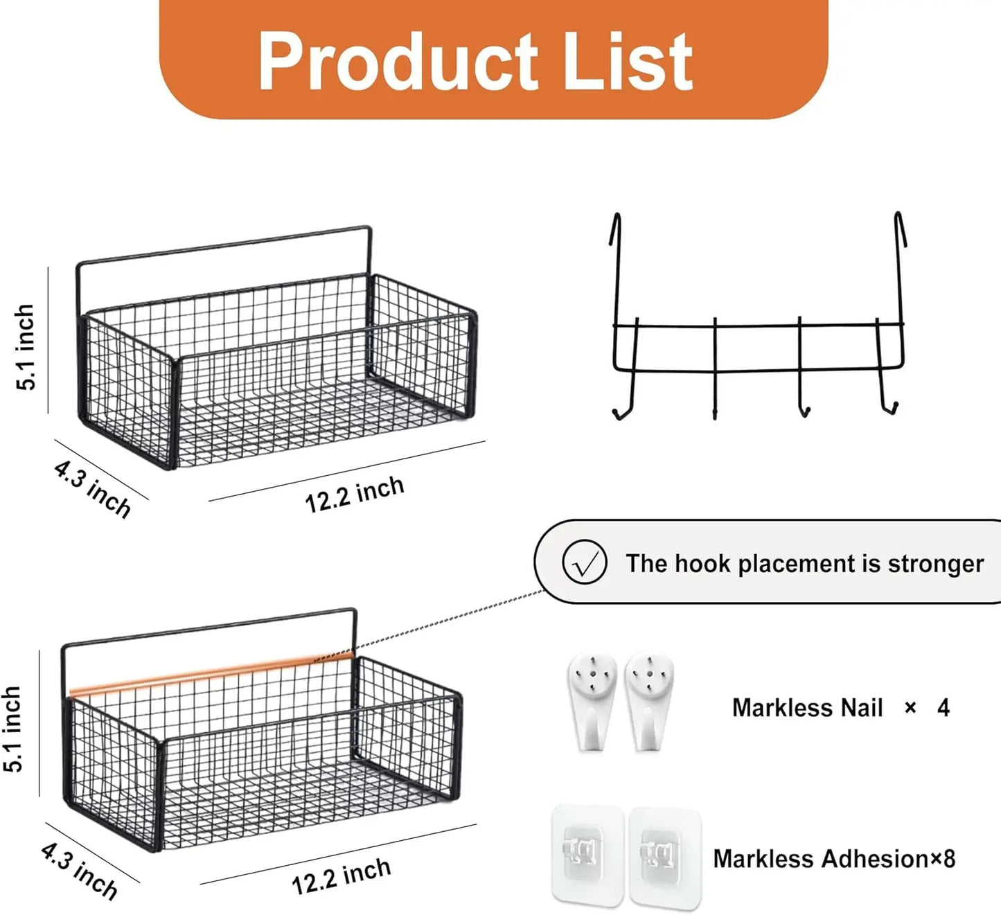 XMSJ Metal Hanging Baskets 2 Pack Wire Wall Organizer Hooks