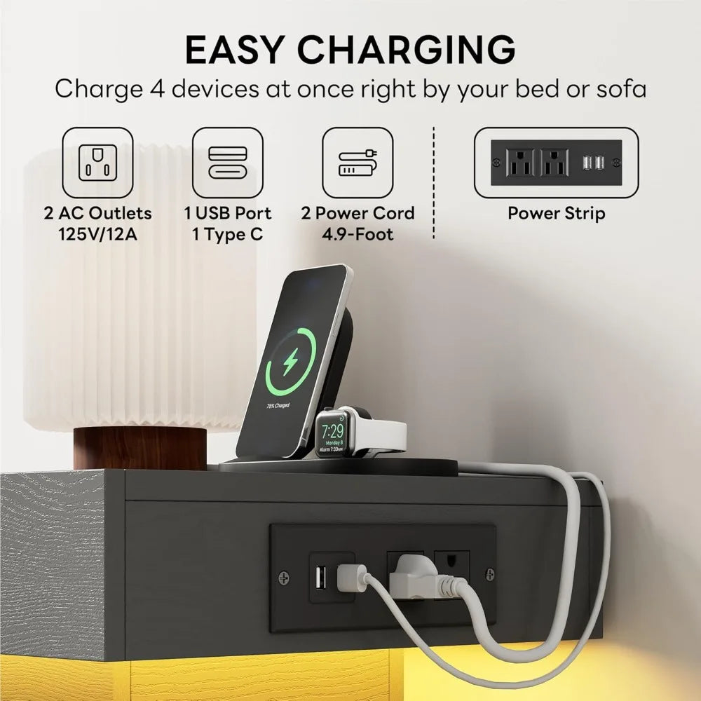 CHENGWEI Nightstand With Charging Station And LED Drawer