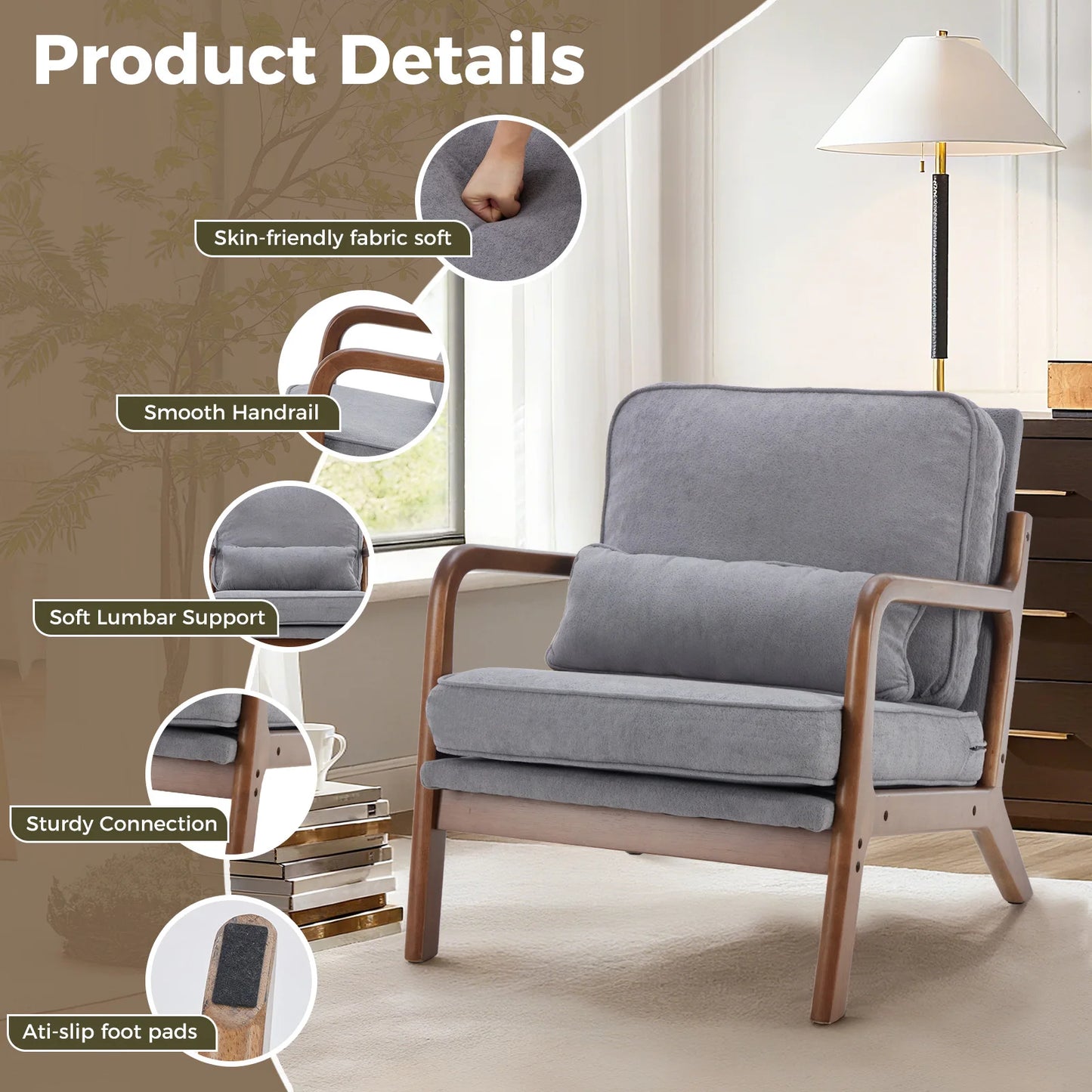 JHK Mid Century Modern Fabric Armchair With Wooden Frame