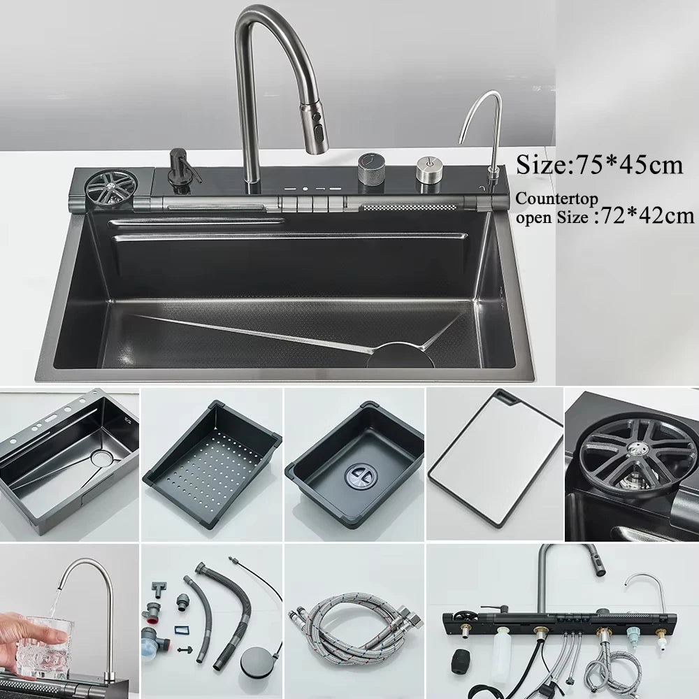 MYQualife 304 Stainless Steel Waterfall Kitchen Faucet Set SoapDispenser