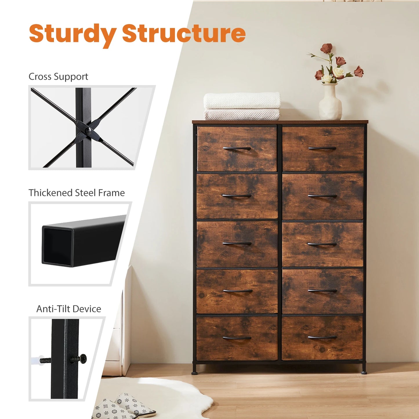 JHK Bedside Table Dresser With 10 Fabric Drawers Steel Frame