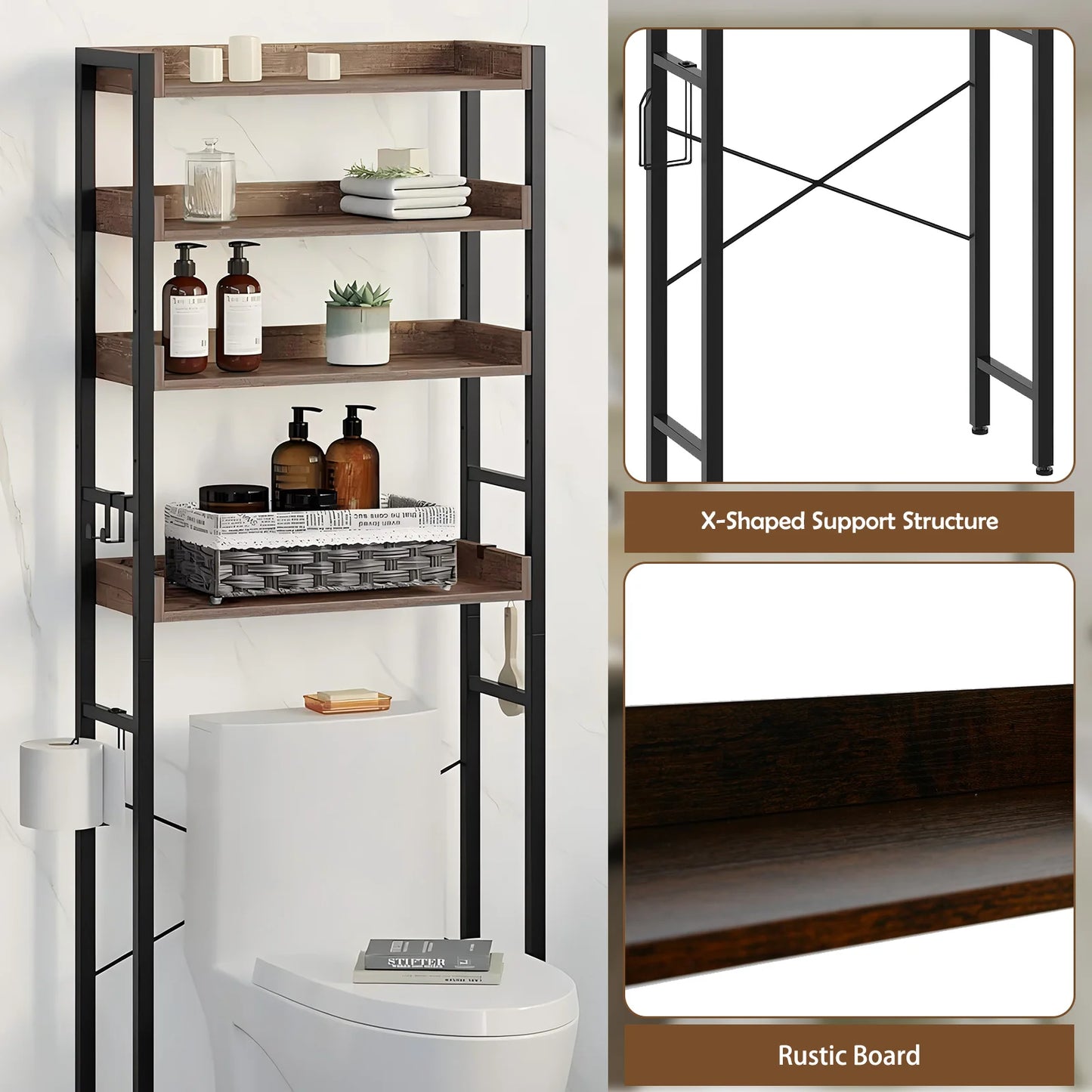 Over The Toilet 4 Tier Bathroom Organizer Freestanding Shelf With Hooks