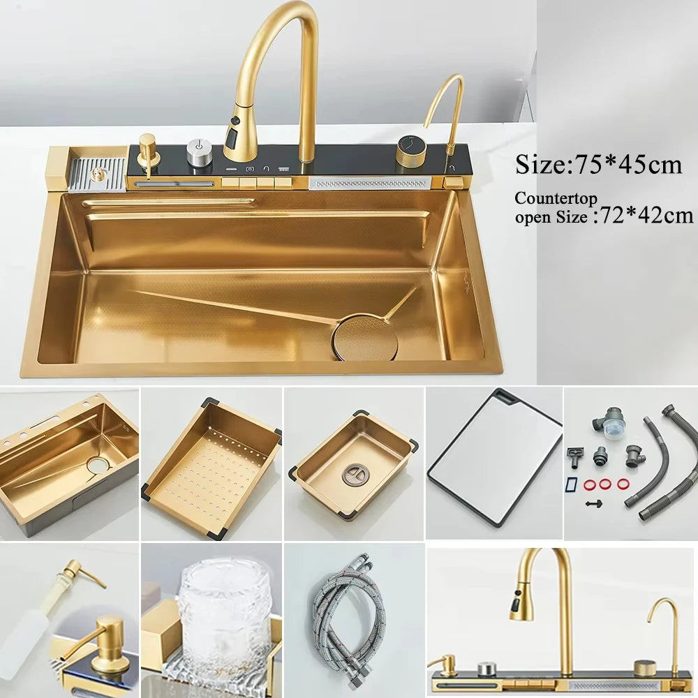 MYQualife 304 Stainless Steel Waterfall Kitchen Faucet Set SoapDispenser