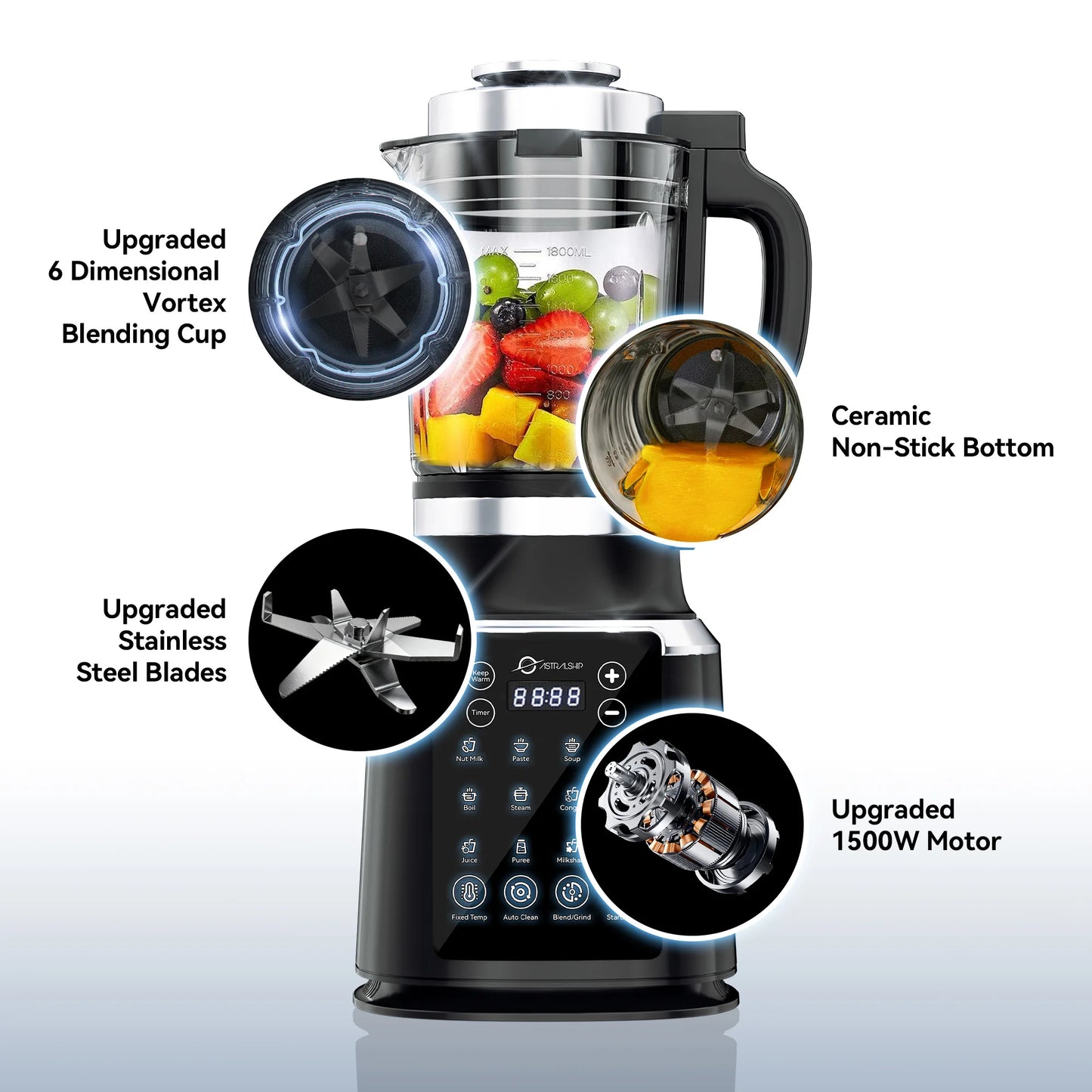 Astralship ASH01B 1500W Countertop Blender With 14 Presets Auto Clean