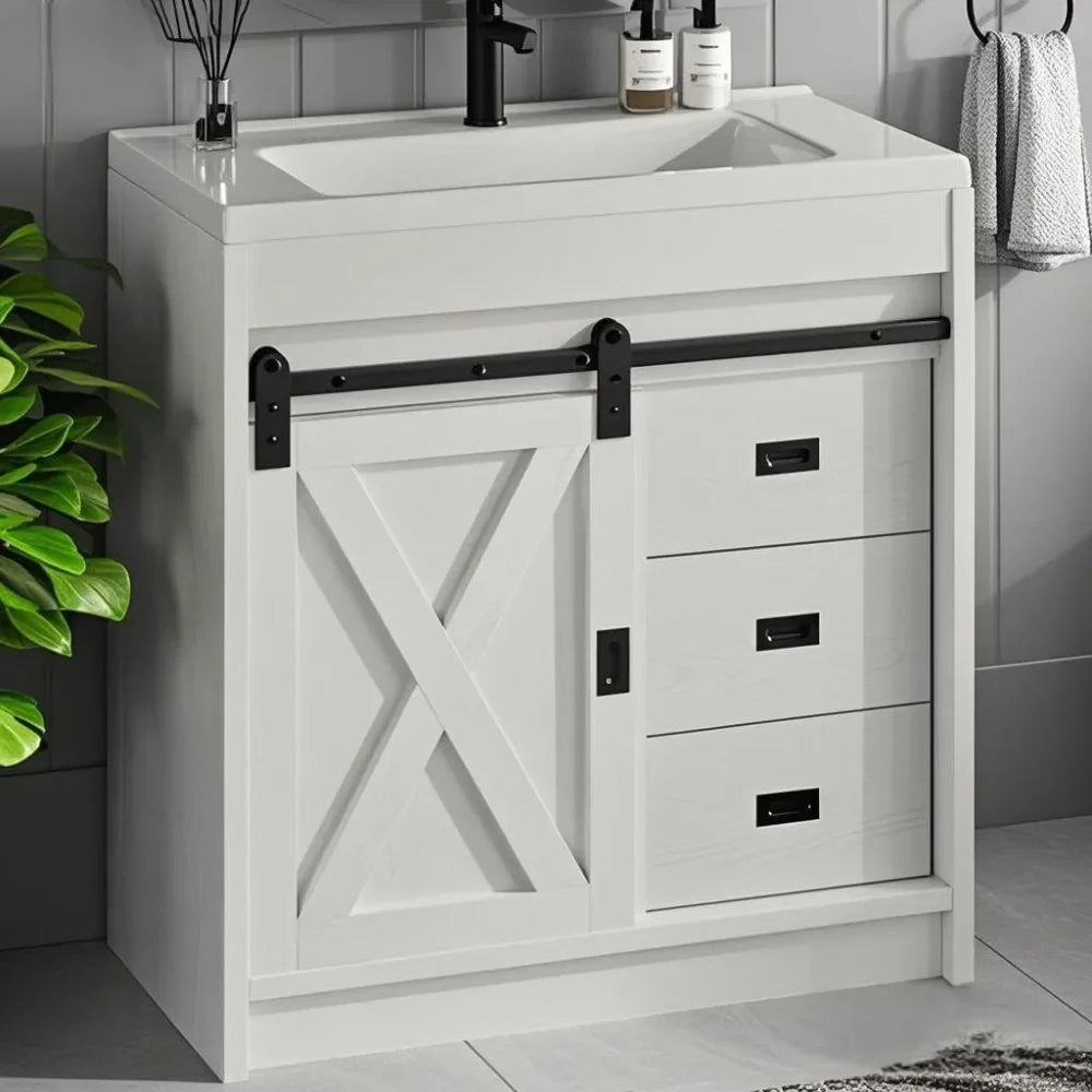 with 2 Drawers & Sliding Barn Door, Farmhouse Bathroom Vanity with Sink, Bathroom Vanity Cabinet