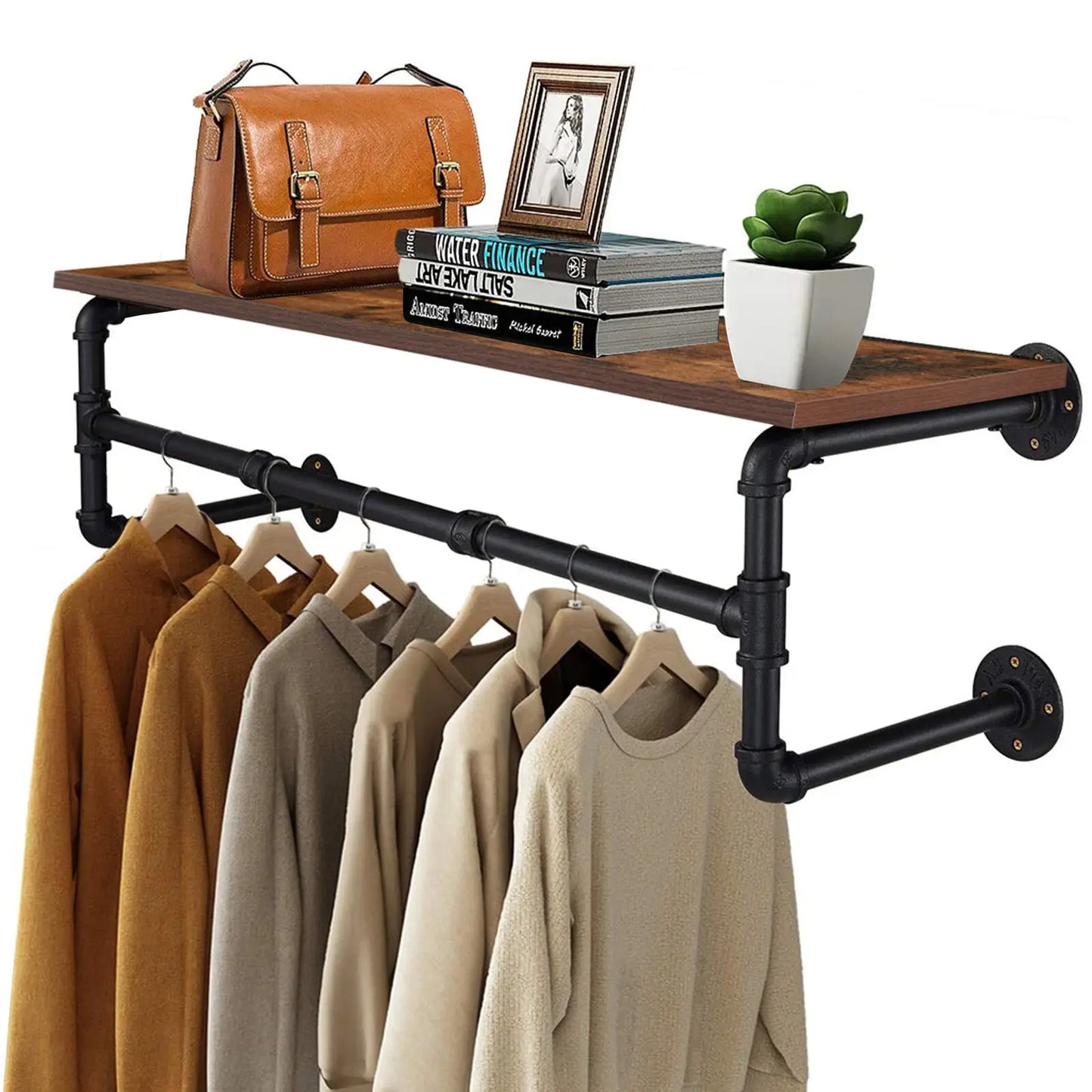 Industrial Pipe Clothing Rack Wall Mounted Wood Shelf
