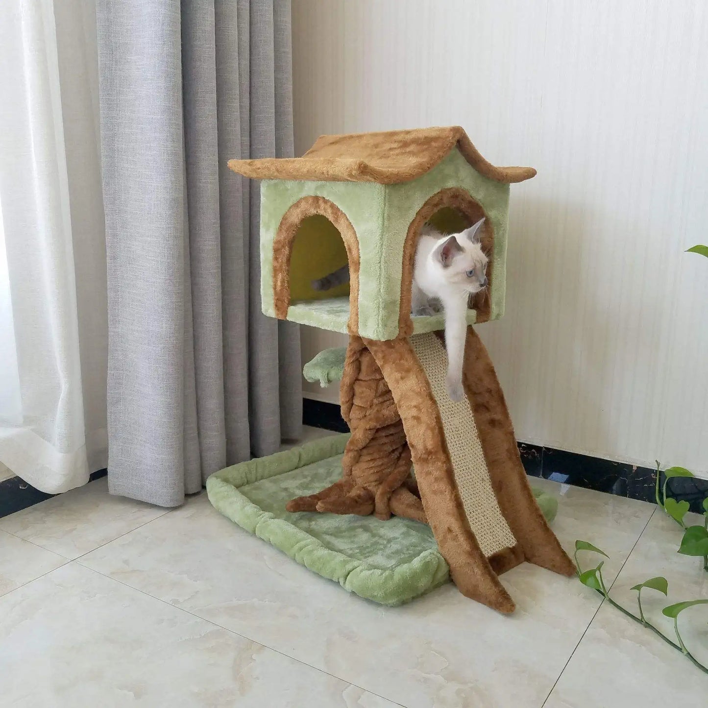 Plush Cat Tree Scratcher Wooden Climbing Frame House