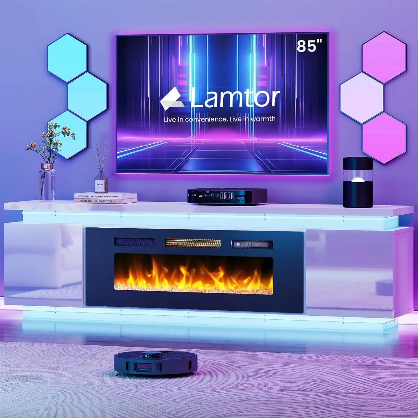 ANGDUO Fireplace TV Stand RGB LED Lights 4 AC Outlets