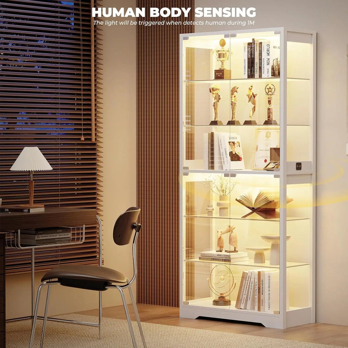 Display Cabinet With Glass Door 6 Tier Curio Cabinet Three Color LED Lighting