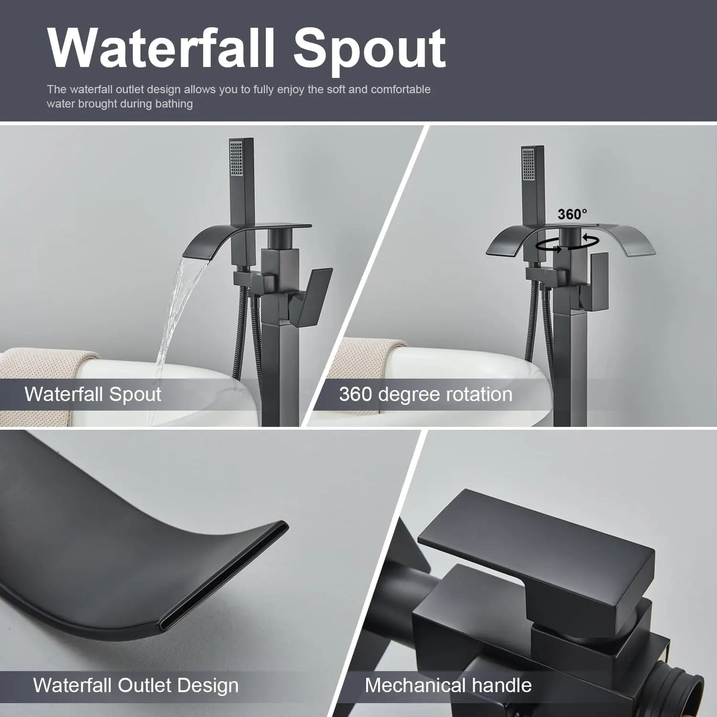 Black Waterfall Free Standing Tub Faucet Floor Tub Filler Faucet Brass Bathroom Tub Faucets with Hand Shower