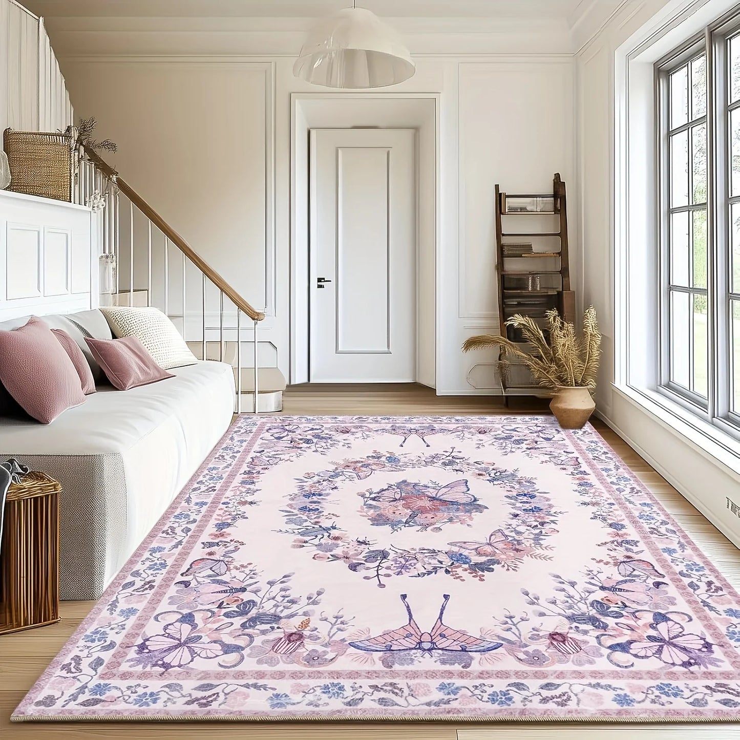 Gnizama Pink Butterfly Living Room Large Area Rug, Washable Vintage Floral Living Room Rug, Bedroom Large Area Rug