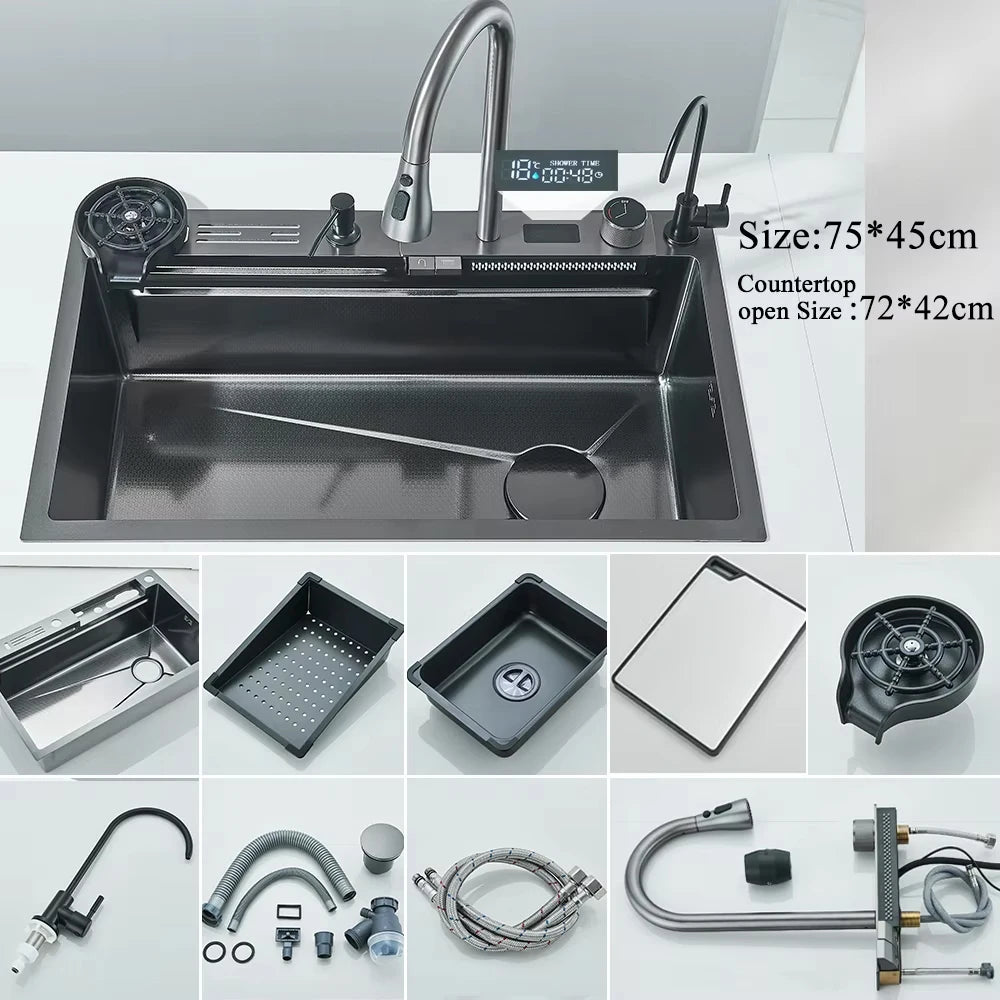 MYQualife 304 Stainless Steel Waterfall Kitchen Faucet Set SoapDispenser