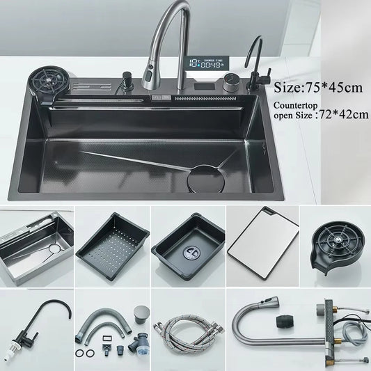 MYQualife 304 Stainless Steel Waterfall Kitchen Faucet Set SoapDispenser