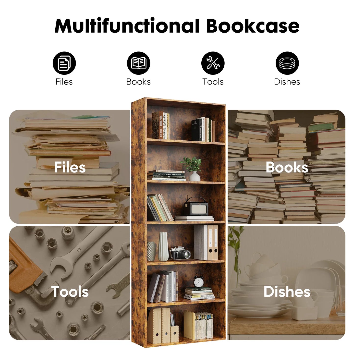 JHK 6 Tier Wooden Floor Standing Bookcase Open Bookshelf