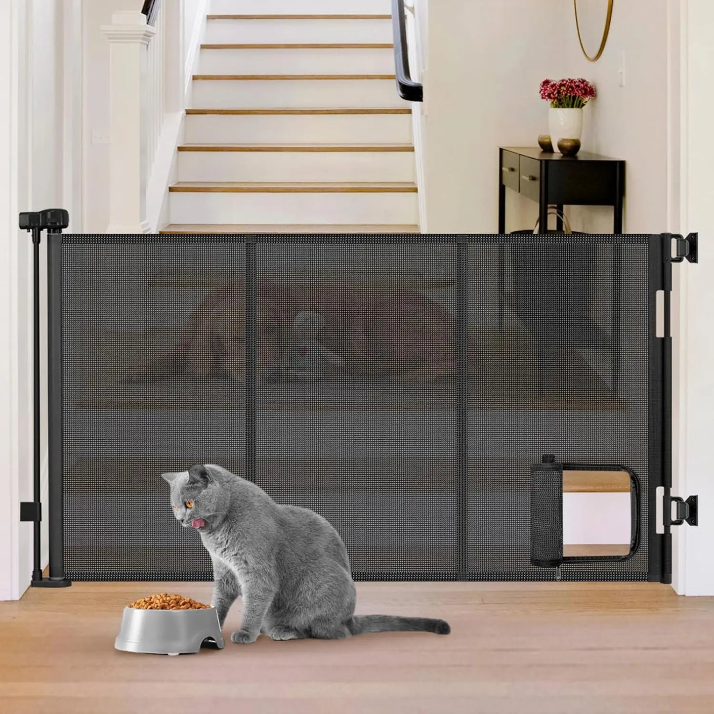 Retractable Pet Gate With Cat Door Reinforced Mesh Space Saving