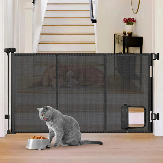 Retractable Pet Gate With Cat Door Reinforced Mesh Space Saving