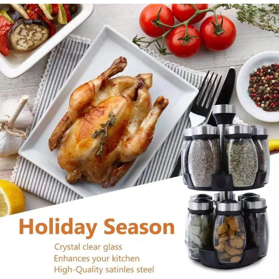 Hign-concerned Revolving Spice Rack Set 12 Glass Jars Organizer