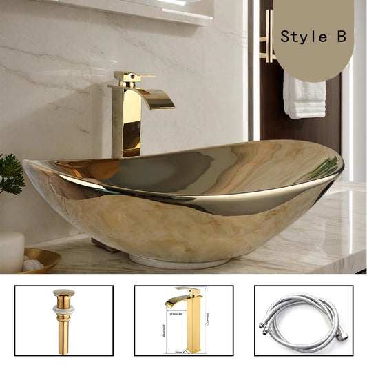 OUBONI Gold Ceramic Luxury Bathroom Vessel Sink Set  Bowl Washbasin Waterfall Brass Faucet Pop Up Drain Combo High-End Basin Kit