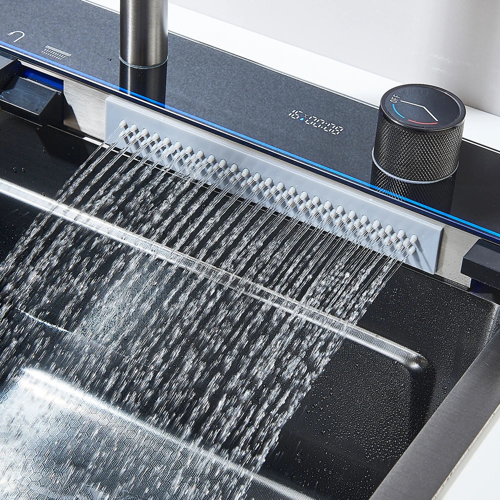 MYQualife 304 Stainless Steel Waterfall Kitchen Faucet Set SoapDispenser