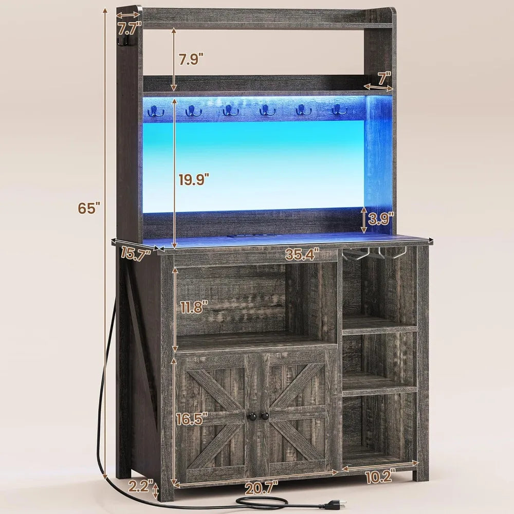 RBXC Coffee Bar Cabinet With Power Outlet Hutch LED Lights