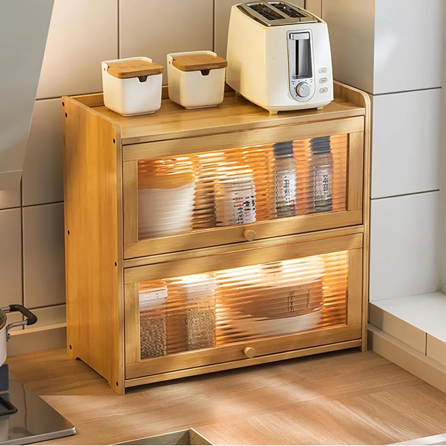 Each 2 Tier Bamboo Kitchen Storage Cabinet With Clear Acrylic Doors