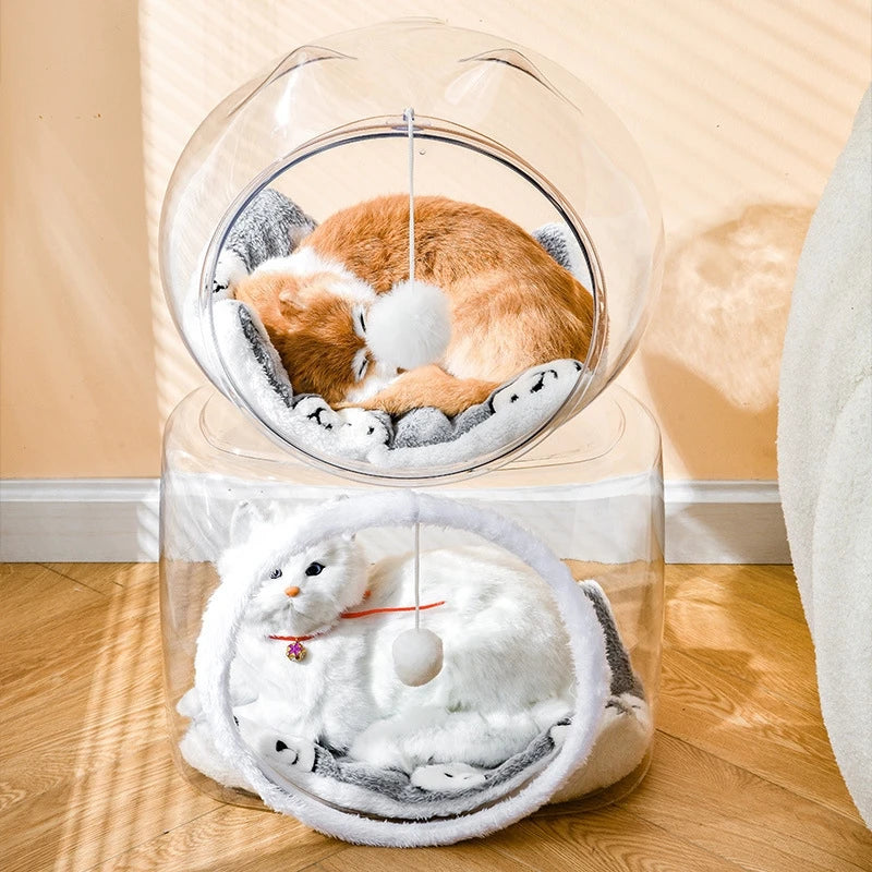NONECN Space Capsule Cat Bed Semi Enclosed Transparent Plastic Villa With Ball