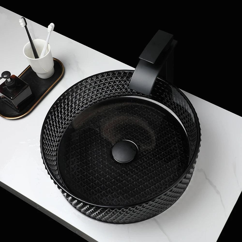 ZAPPO Black Bathroom Vessel Sink Crystal Glass Vessel Sink Faucet Tap Combo Countertop Sink for Bathroom Hotel Deck Mount Sinks