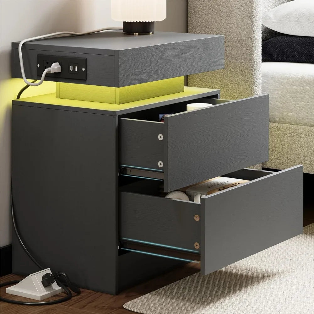 CHENGWEI Nightstand With Charging Station And LED Drawer