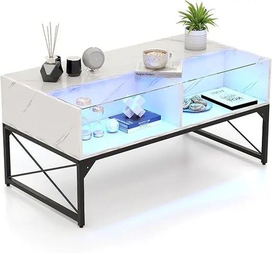 LED Coffee Table With Tempered Glass Top And Storage Cubes