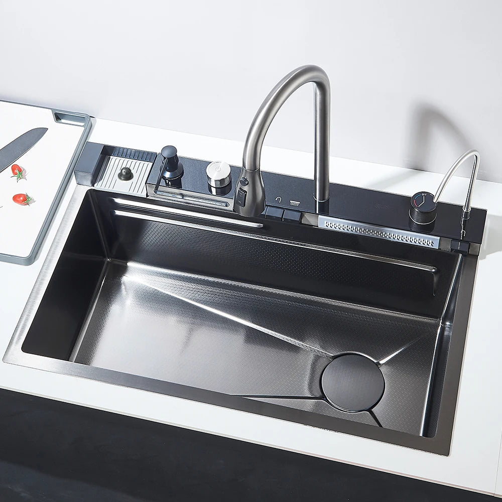 MYQualife 304 Stainless Steel Waterfall Kitchen Faucet Set SoapDispenser
