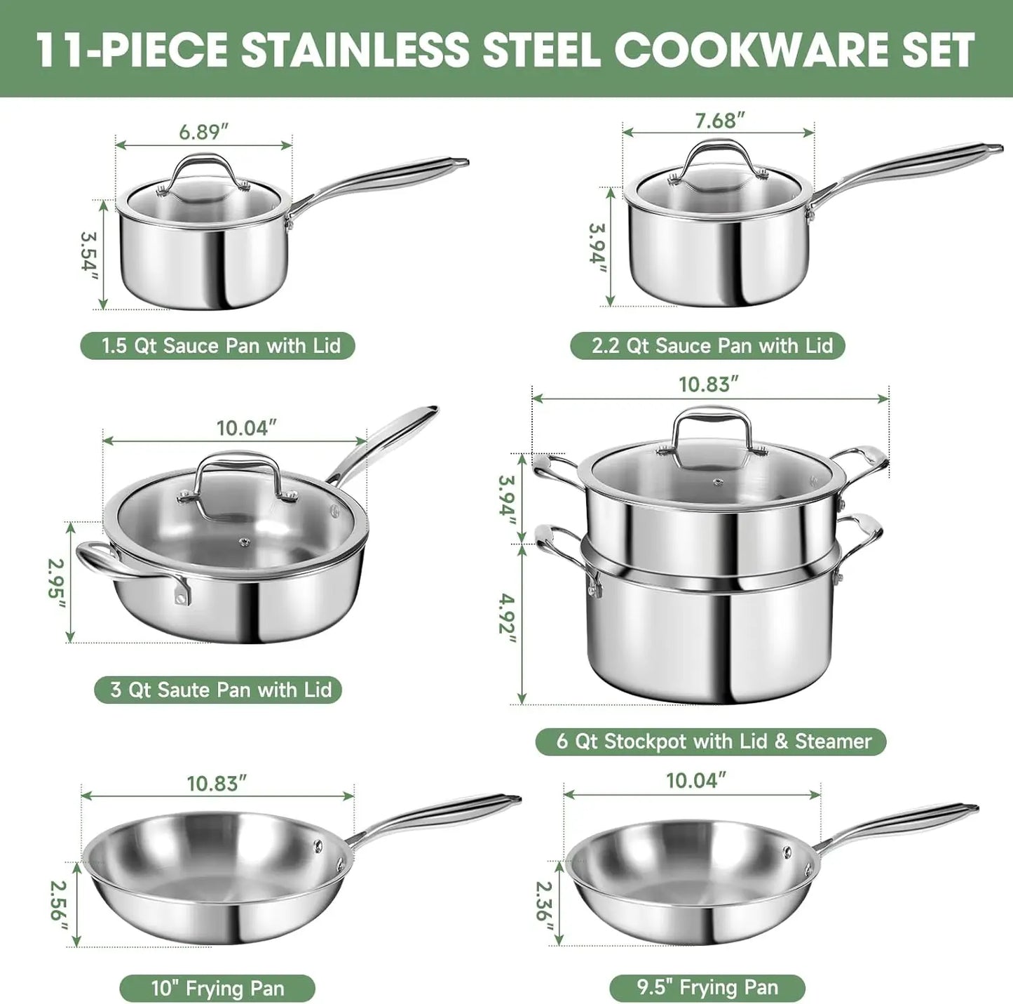 3 Ply Stainless Steel 11Piece Cookware Set Induction Compatible Lids