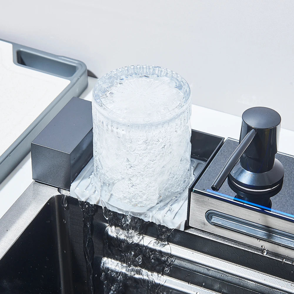 MYQualife 304 Stainless Steel Waterfall Kitchen Faucet Set SoapDispenser