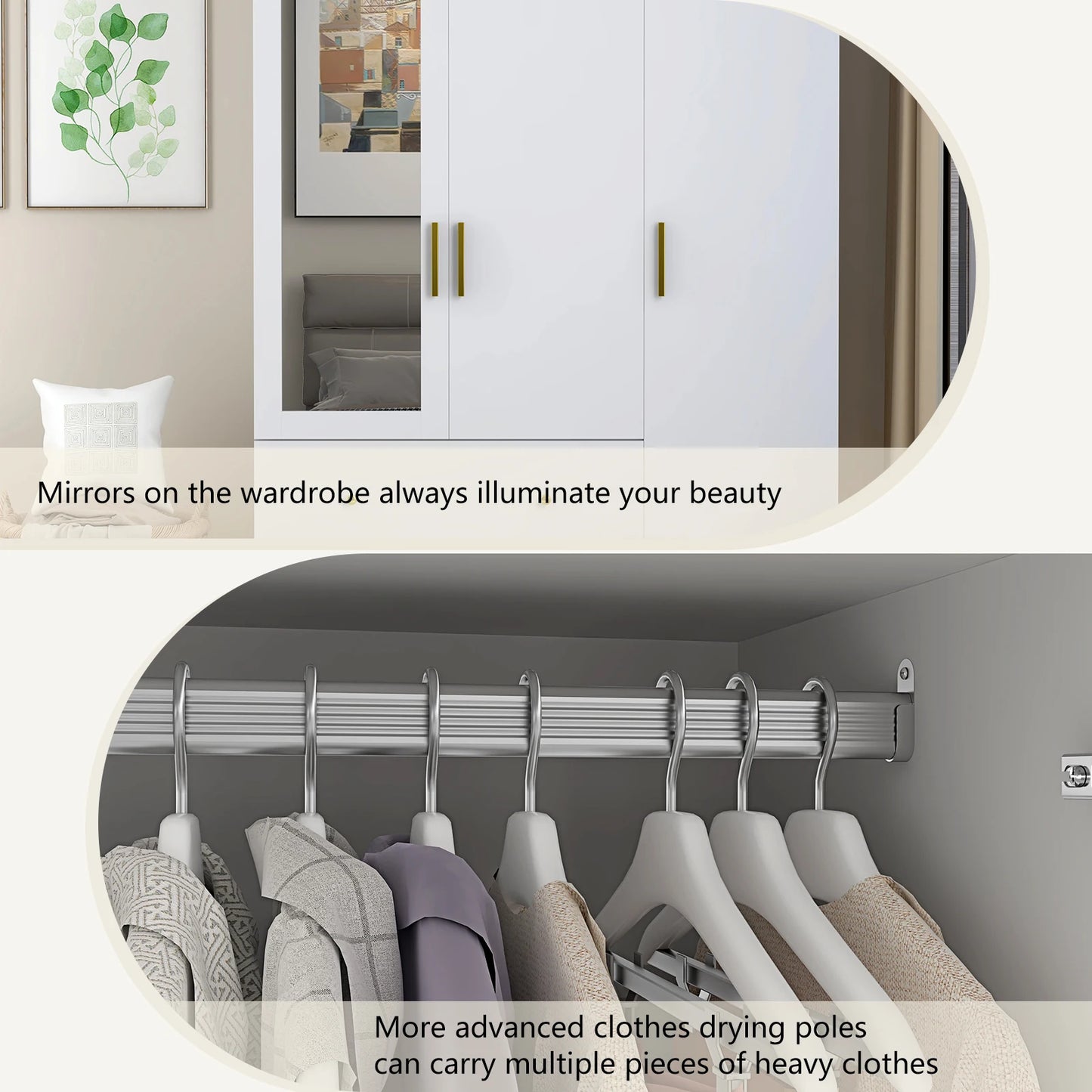 Modern Wooden Armoire Wardrobe Closet with Hanging Rod for Bedroom, 3 Door Wardrobe Closet with Mirror & LED Lights,White