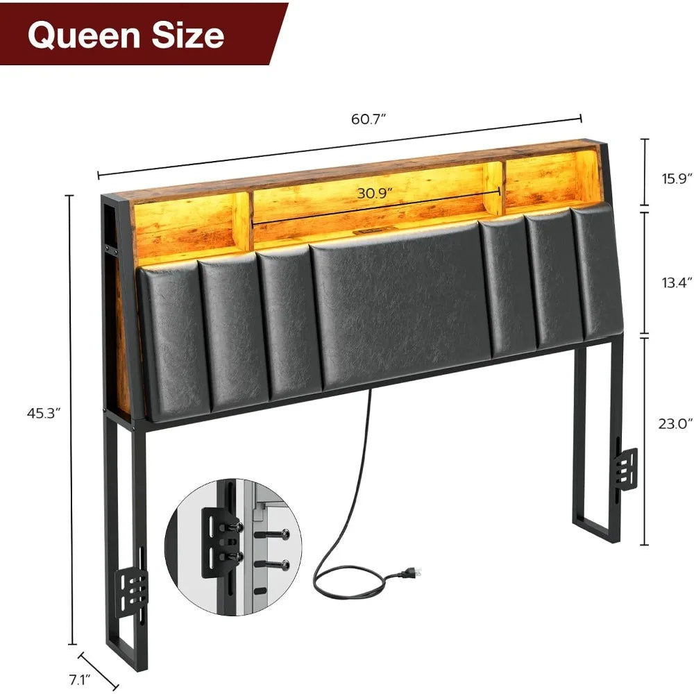 Hidden Storage Headboard Queen Size with Charging Station, Ergonomic Upholstered Queen Headboard Only with LED Lights, 2 Outlet