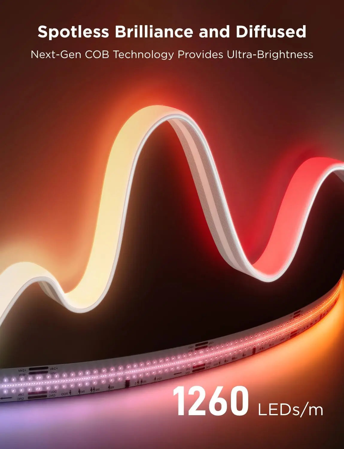 COB LED Strip Light Pro, LED Lights for Bedroom Compatible with Alexa, Google Assistant and Matter, RGBICW Light with Warm White