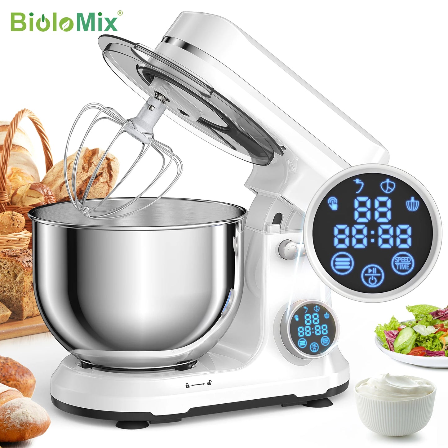 Biolomix 1200W 11-Speed DC Motor Stand Mixer With OLED Display