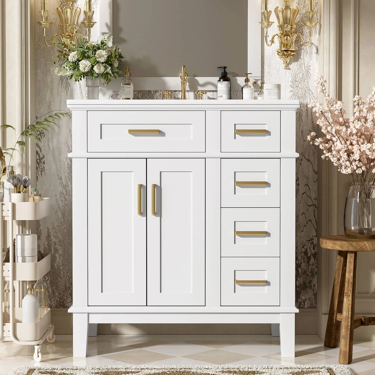 SH.KL 30" Bathroom Vanity with Ceramic Sink, Modern Storage Cabinet with Soft-Close Doors, Bathroom Furniture, Vanities
