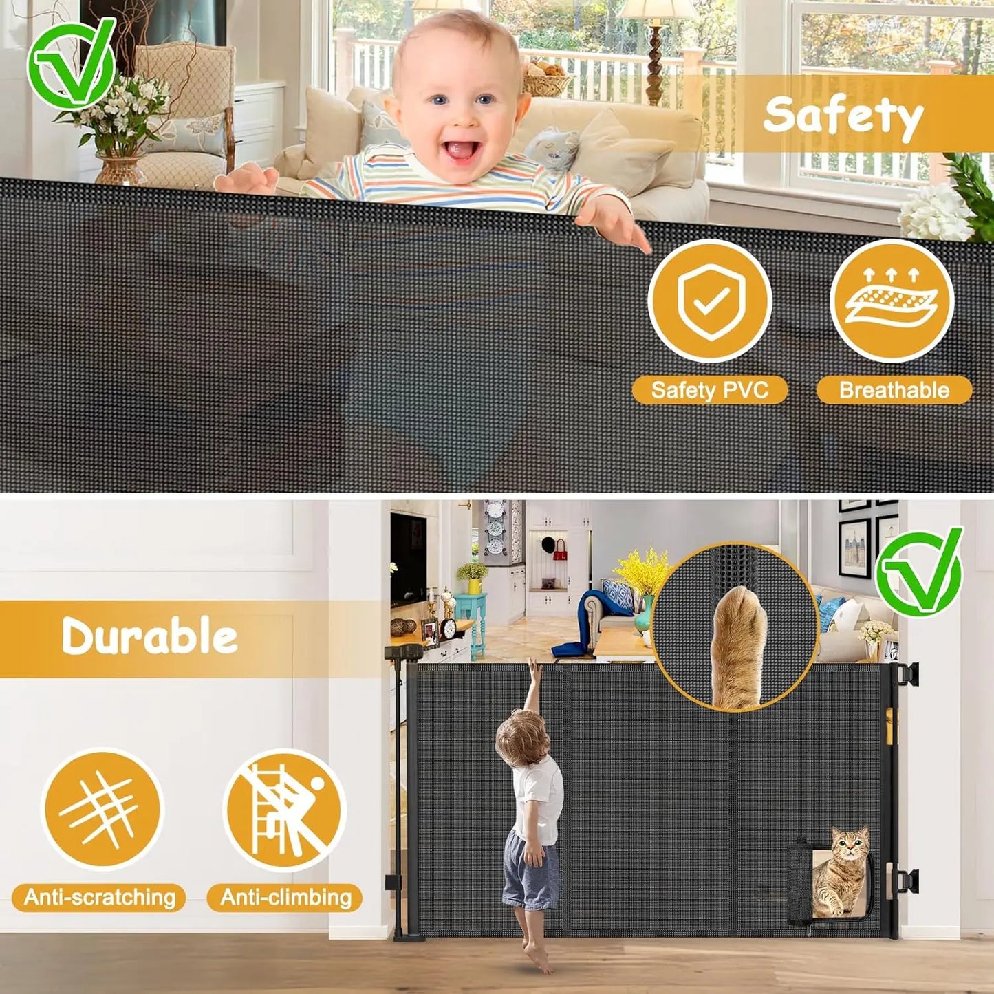 Retractable Pet Gate With Cat Door Reinforced Mesh Space Saving