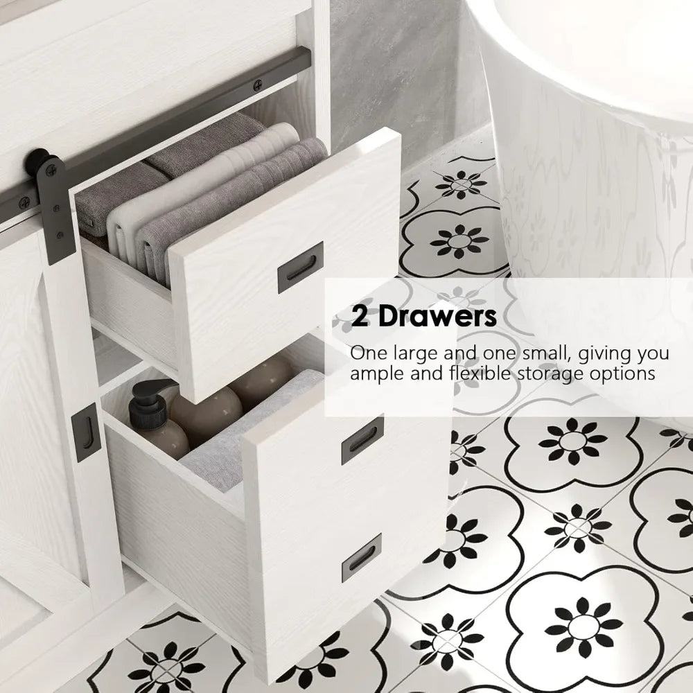 with 2 Drawers & Sliding Barn Door, Farmhouse Bathroom Vanity with Sink, Bathroom Vanity Cabinet