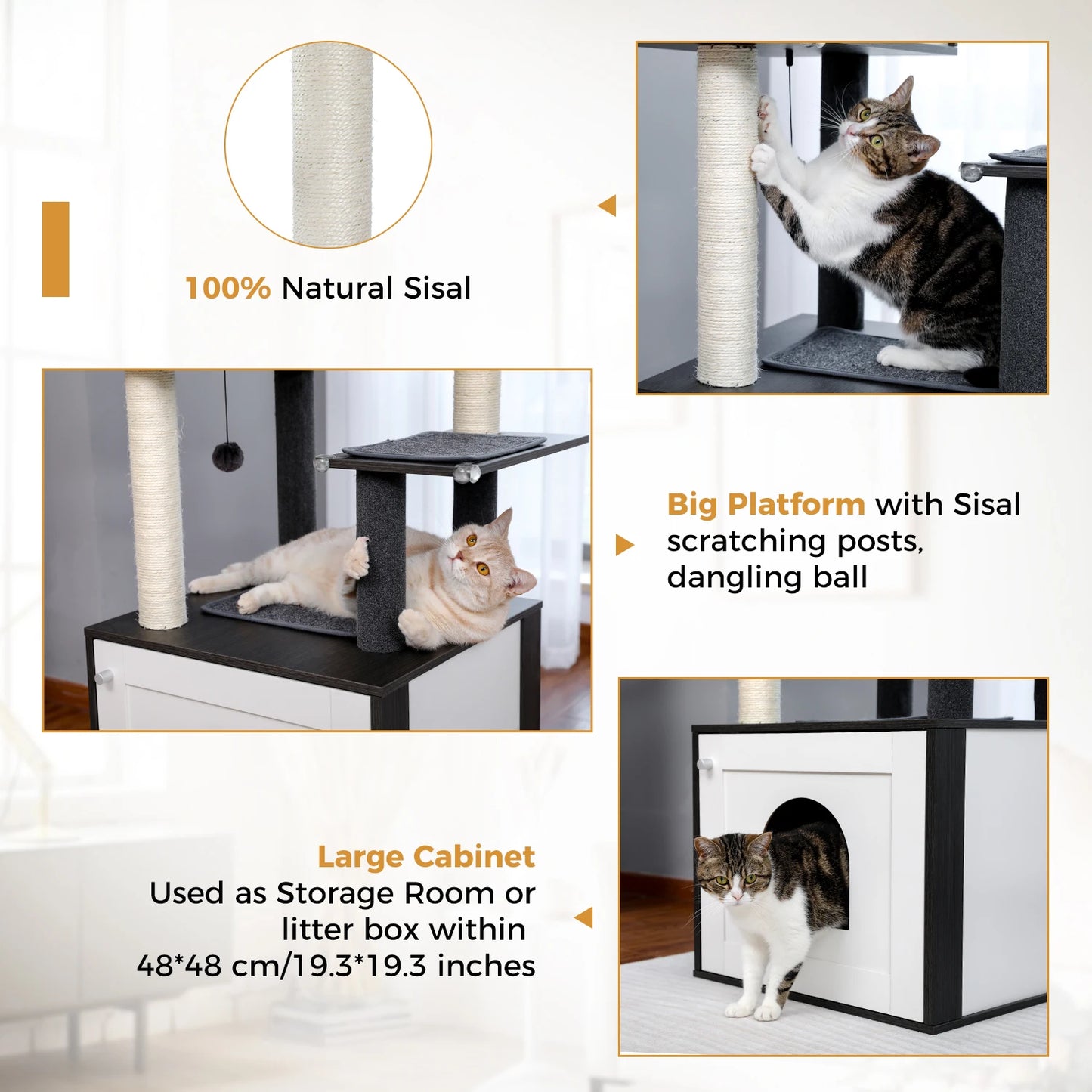 PEQULTICN Cat Tree Tower Litter Box Wood Structure Storage