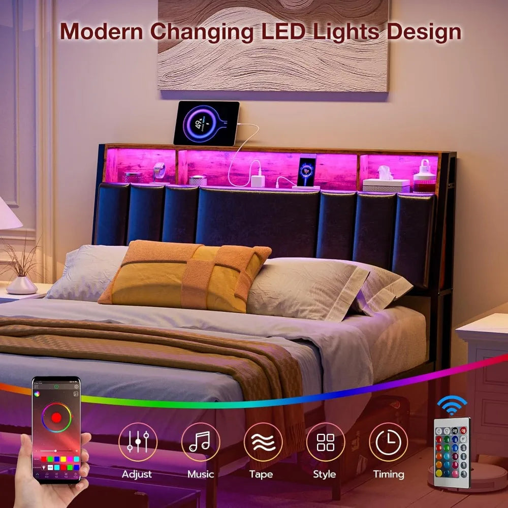 Hidden Storage Headboard Queen Size with Charging Station, Ergonomic Upholstered Queen Headboard Only with LED Lights, 2 Outlet