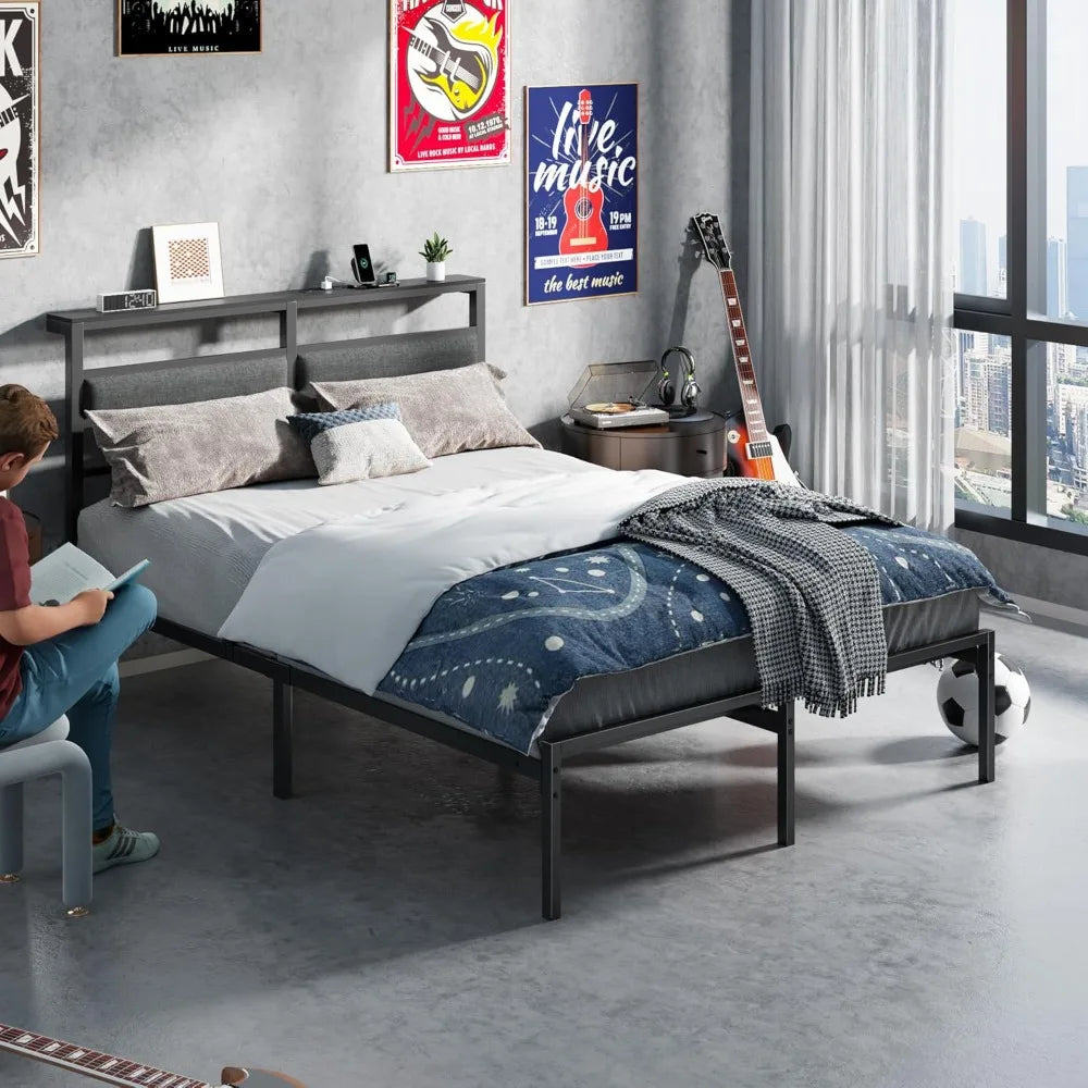 HUANZHUANG Bed Frame With LED Headboard Charging Station Storage Shelf