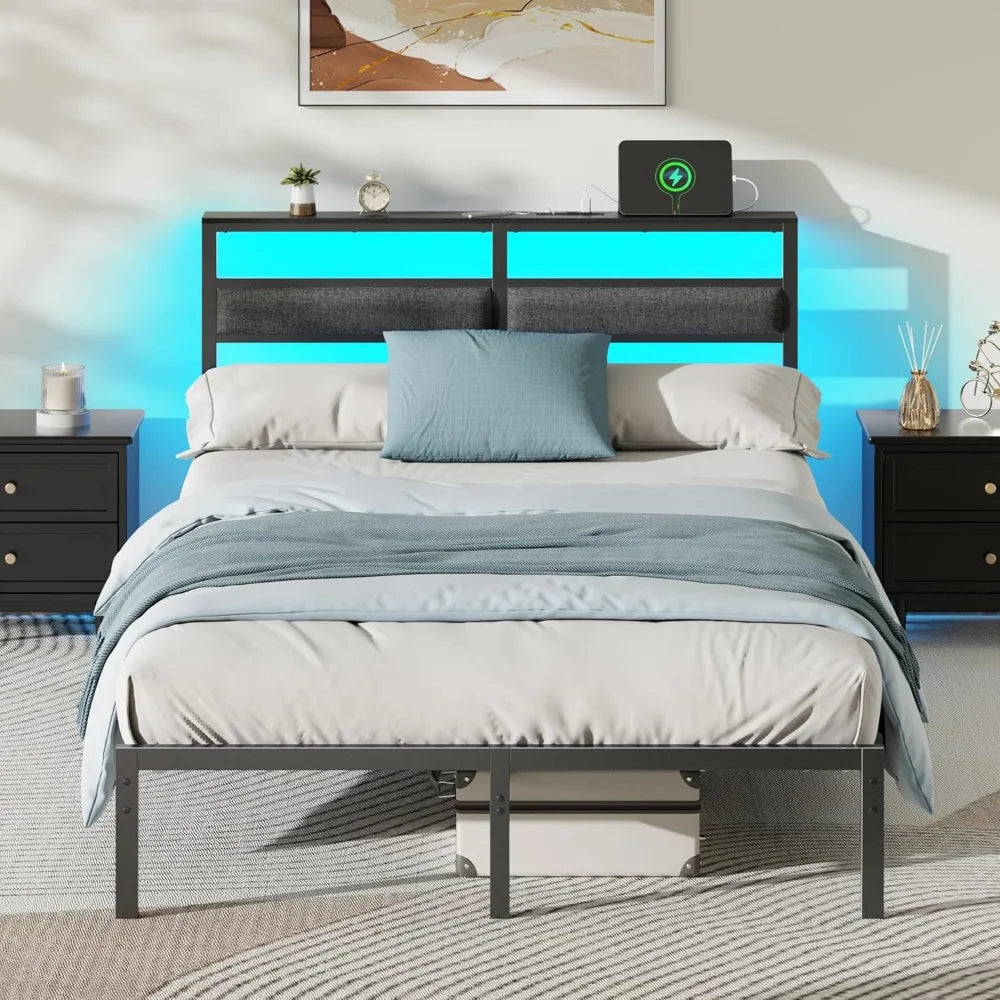 HUANZHUANG Bed Frame With LED Headboard Charging Station Storage Shelf